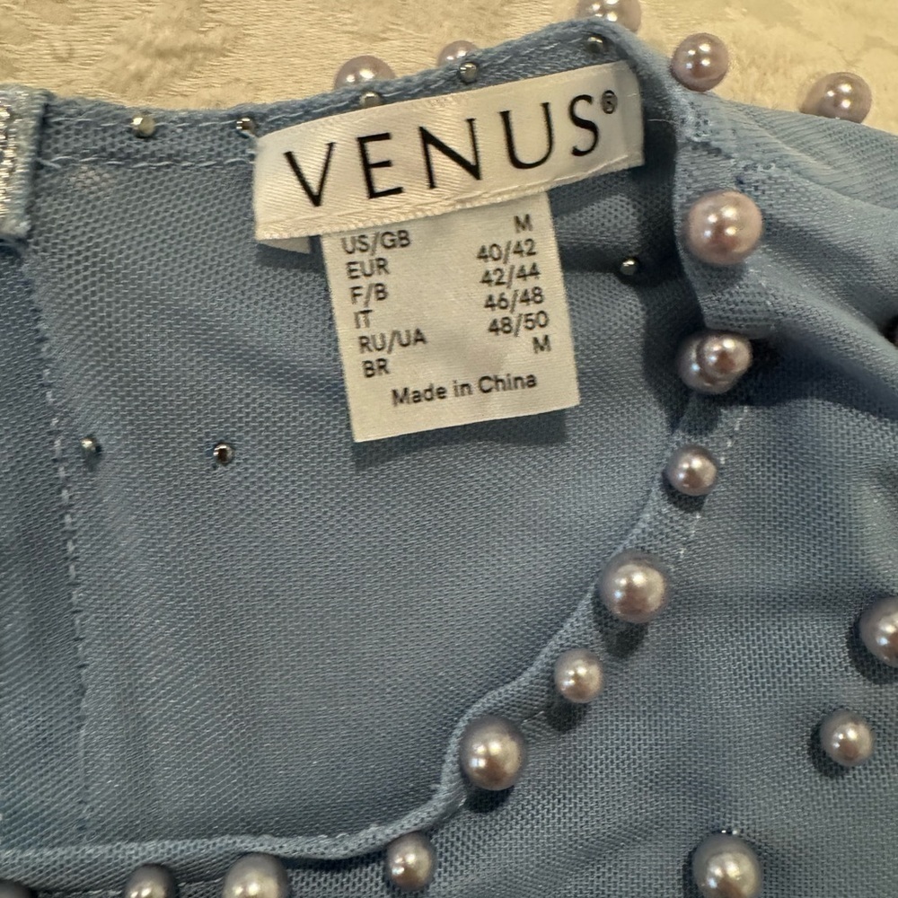 VENUS metallic Silver and blue bodycon Mini Dress mesh pearl embellishment - Picture 6 of 11